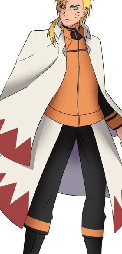 Anime character in a vibrant pose with white and orange outfit.