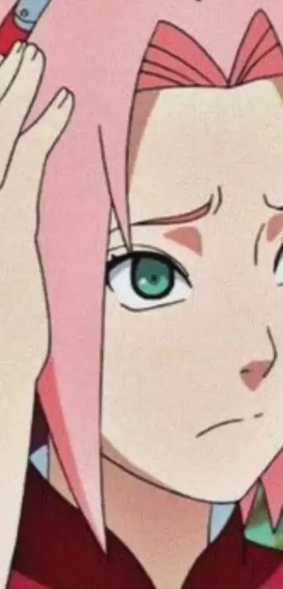 Anime character with pink hair and thoughtful expression.