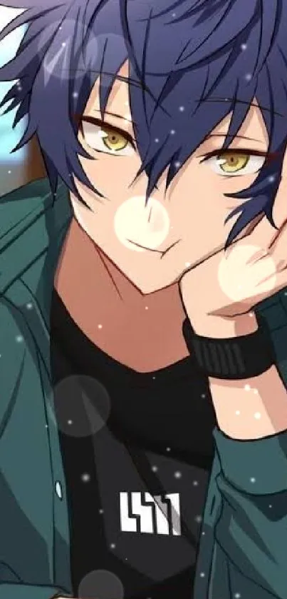 Anime character with navy blue hair in a stylish pose.