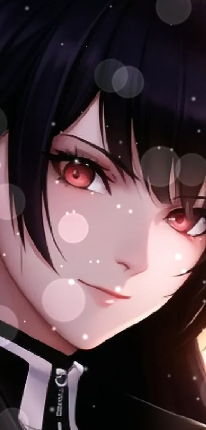 Anime character with dark hair and glowing eyes on a vibrant background.