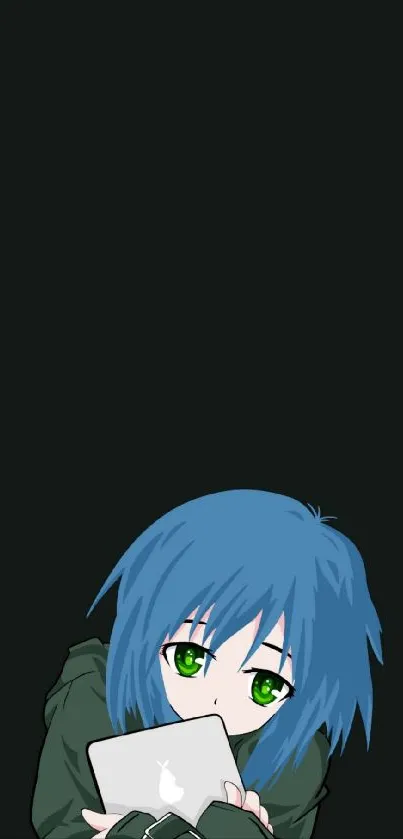 Anime character with blue hair using laptop on a black background.