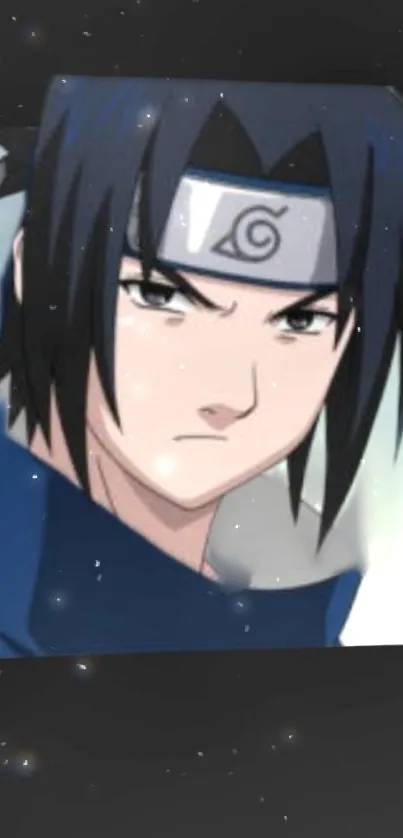 Anime character with dark hair and ninja headband on mobile wallpaper.