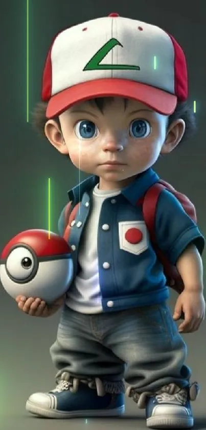 Anime child holding pokeball, cute design.