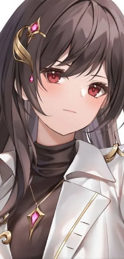 Anime character with long dark hair, white and gold outfit, and red eyes.