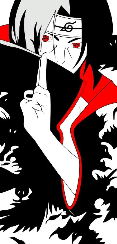 Anime character with red, black features on white background.