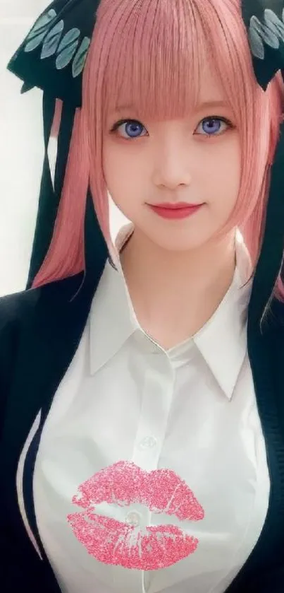 Anime girl with pink hair, blue eyes, cute expression, wearing a black and white outfit.