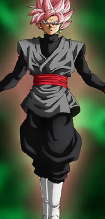 Anime character with green background in dynamic pose.