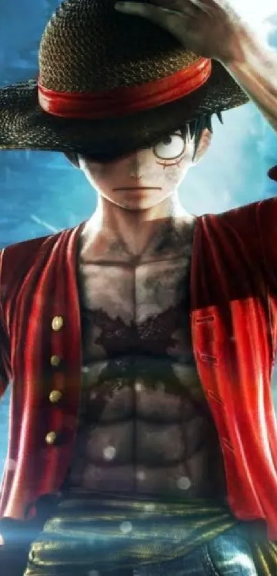 Anime character wallpaper with vivid red and blue colors.