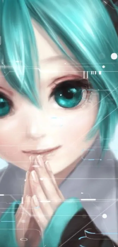 Anime character with blue hair and aqua eyes, wearing a headset, in a digital art style.