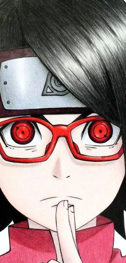 Anime character with red glasses and a thoughtful expression.