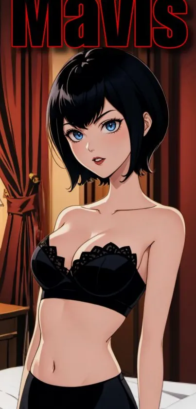 Anime character with black hair and lace top on a bed.