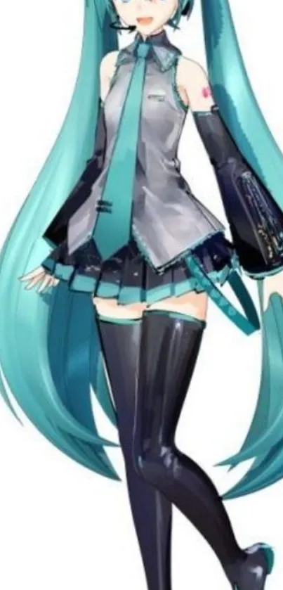 Anime character with turquoise hair and futuristic design.