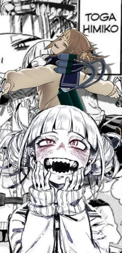 Anime artwork featuring Toga Himiko in a dynamic manga style montage.