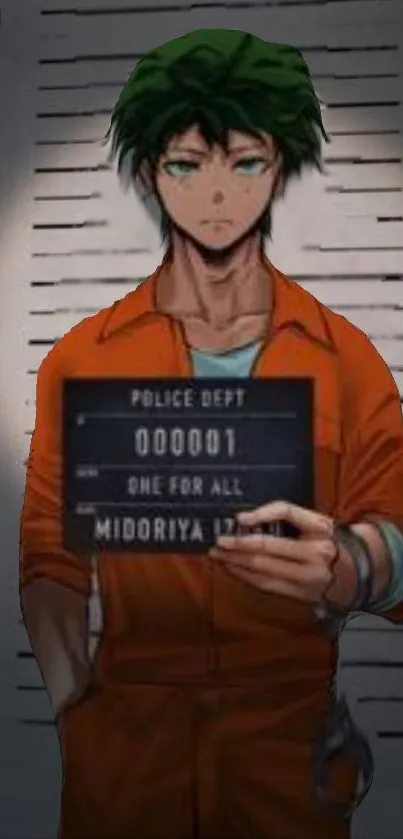 Anime character in an orange mugshot setting, perfect for a phone wallpaper.