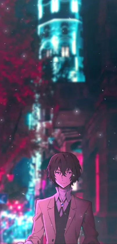 Anime character in neon-lit urban street, vibrant colors.