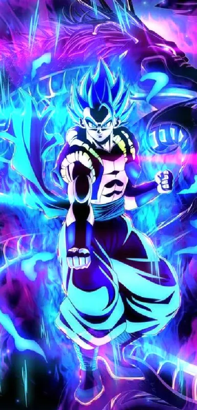 Anime character with neon blue and purple design, featuring a dragon silhouette.