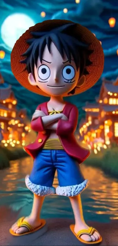 Anime character in vibrant night street scene with glowing lanterns.