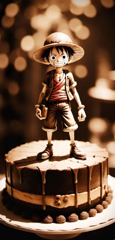 Anime character standing on a chocolate cake with bokeh background.