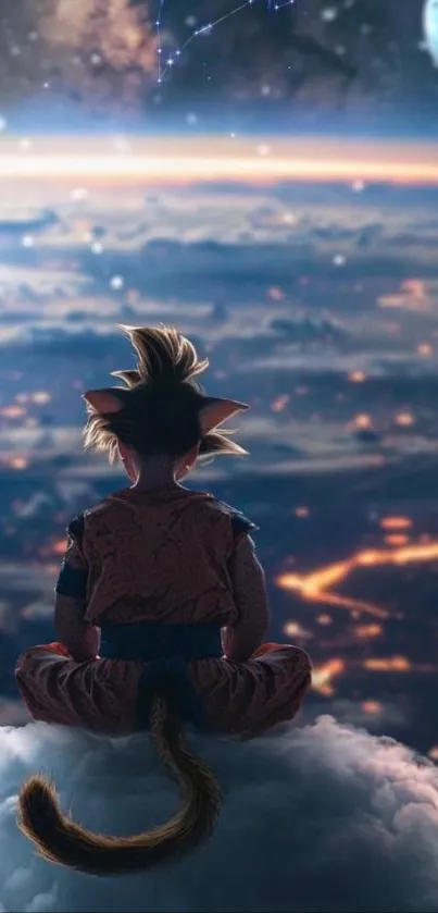 Anime character sitting on a cloud overlooking space.