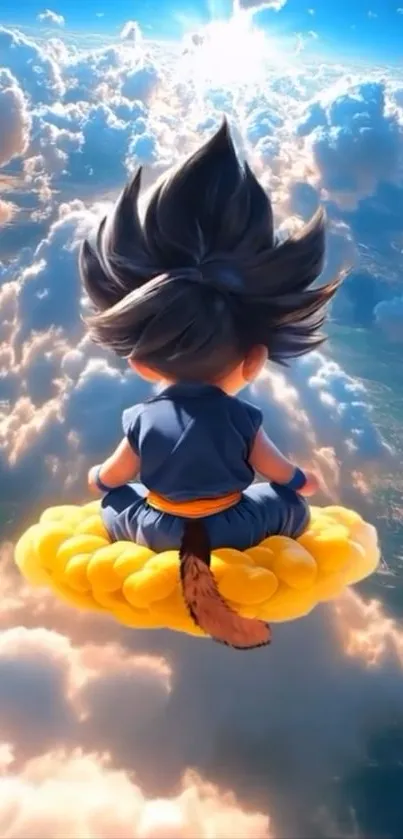 Anime character rides a cloud in a vibrant sky.