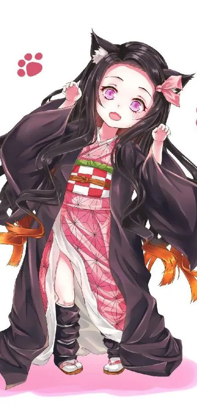 Cute anime character in pink kimono with cat ears.