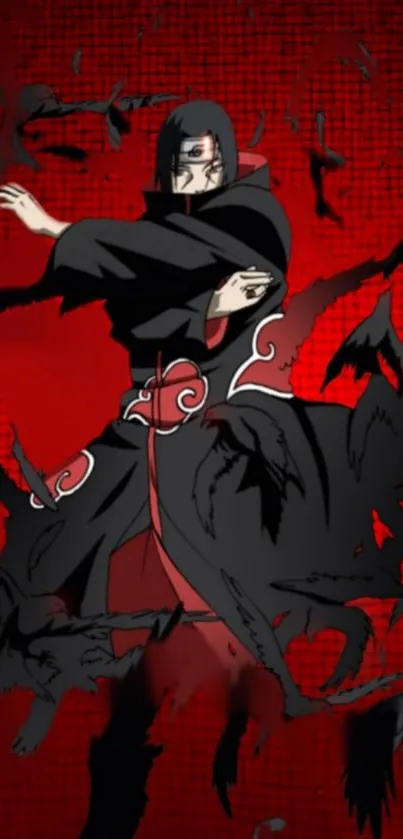 Anime character in black cloak with crows on red background.