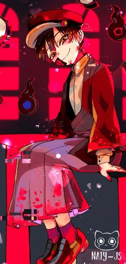 Anime character sitting in a vibrant red-themed setting.