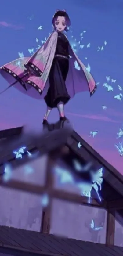 Anime character stands on a rooftop with butterflies under a violet night sky.