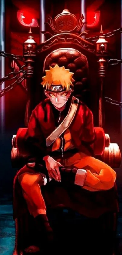 Anime character seated on a throne in dramatic lighting.