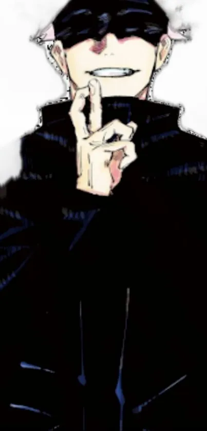 Anime character in dark outfit smiling with a mysterious pose.