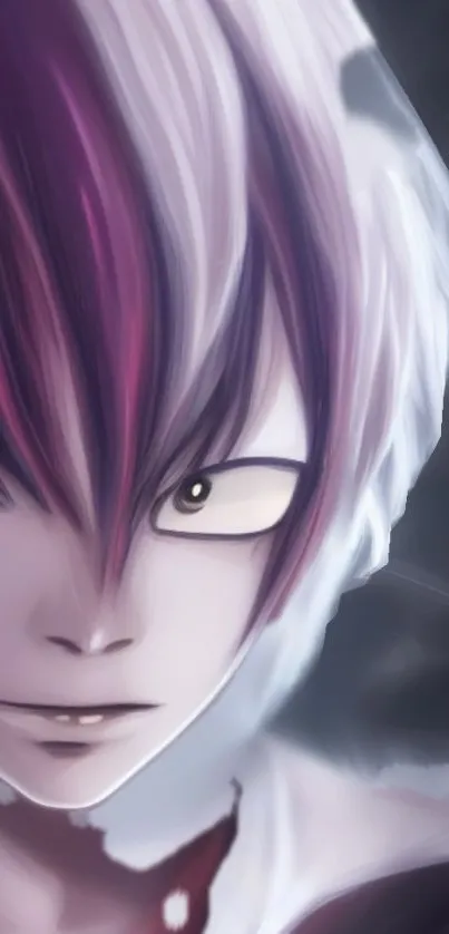 Anime character with vibrant purple and white hair, intense gaze.