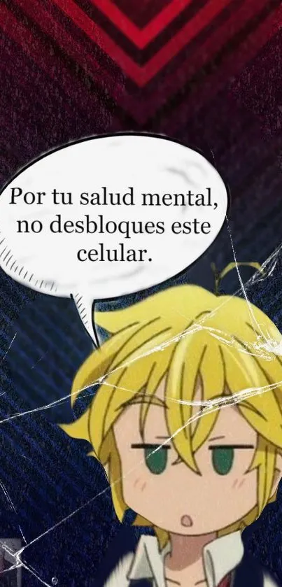 Blond anime character with funny caption on dark blue wallpaper.