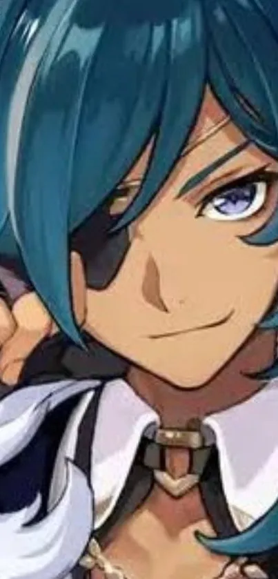 Anime character with teal hair and eye patch on mobile wallpaper.