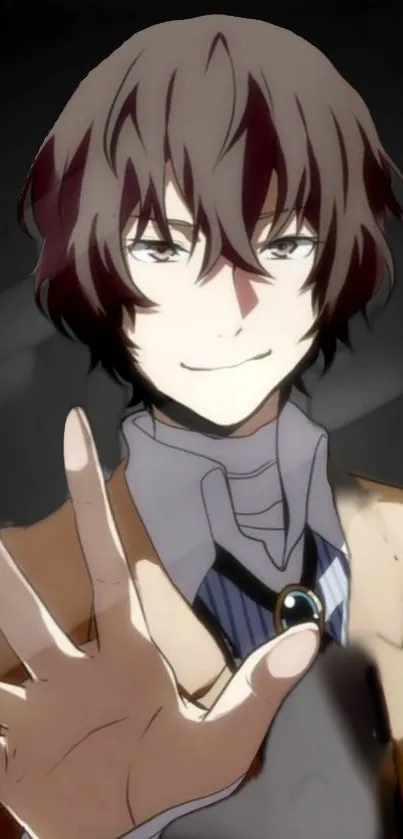 Anime character with a hand gesture, wearing a brown outfit and smiling.