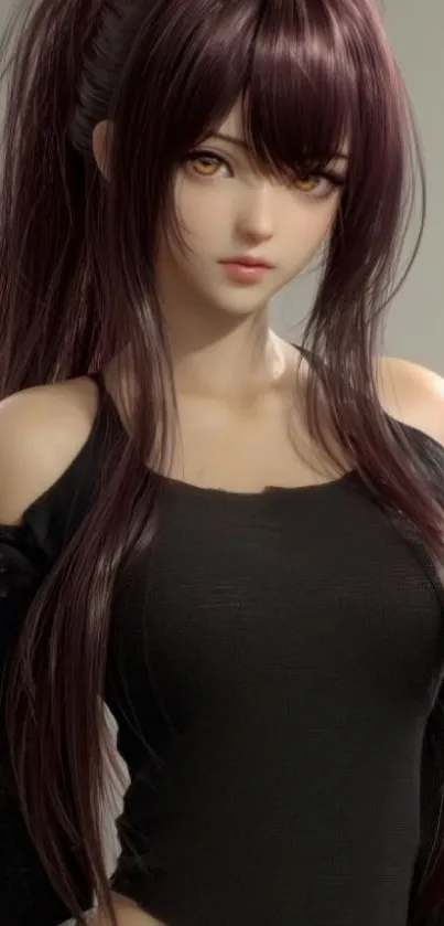 Anime character portrait with long brown hair and a black outfit.