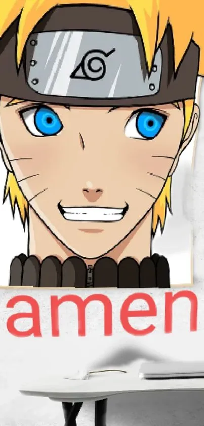 Anime character poster with bright blonde hair and blue eyes on wallpaper.