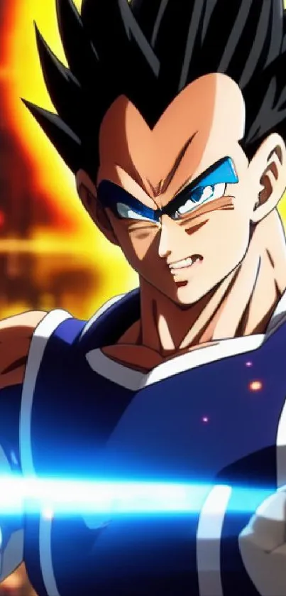 Anime hero in dynamic pose with glowing aura, vibrant yellow background.