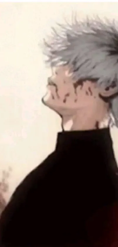 Anime character profile with gray hair and intense expression in dark colors.