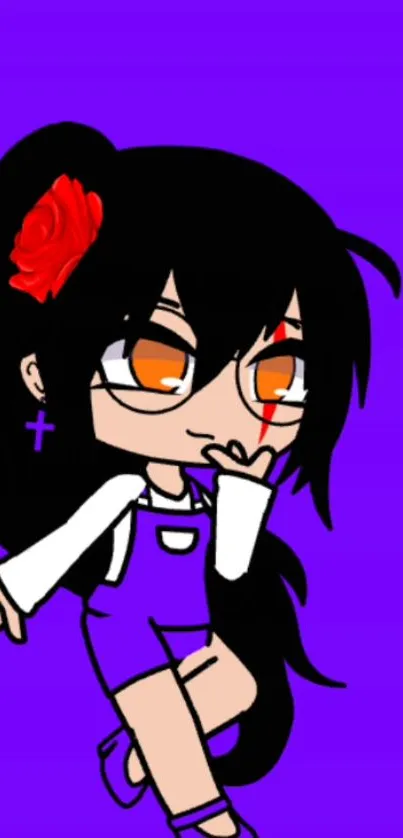 Anime character with orange eyes on a purple background.