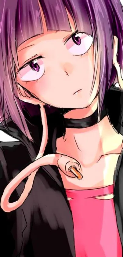 Anime character with purple hair in a vibrant and stylish pose.