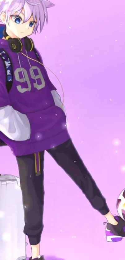 Anime character in purple outfit with luggage and football, urban style.