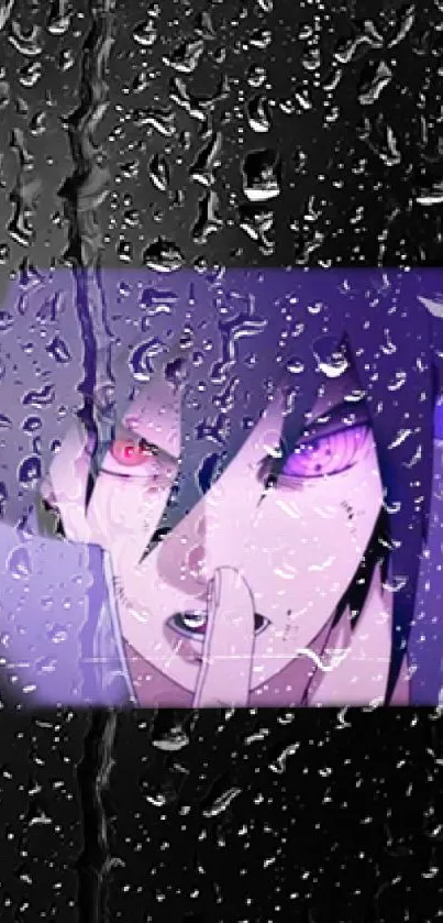 Anime character with glowing eyes, rainy effect.