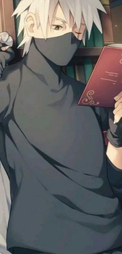 Anime character with mask reading a book in library.