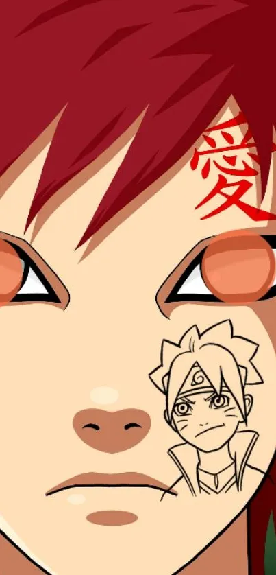 Anime character with red hair and symbol on forehead.