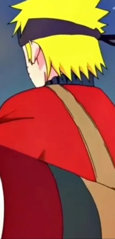 Anime character in red jacket with yellow hair and headband, vibrant design.