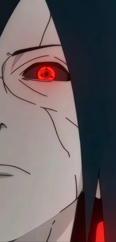 Anime character with red eye and dark hair, intense expression on face.