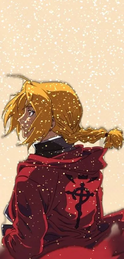 Anime character with red jacket and braided hair in snowy background.