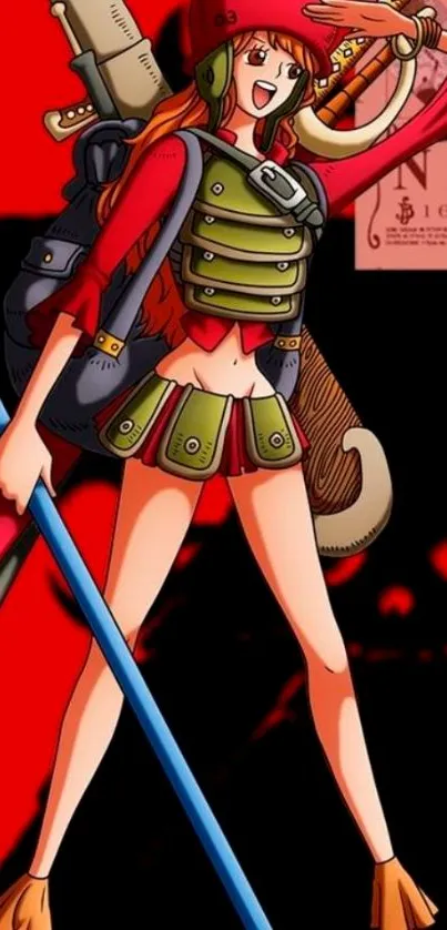 Anime character in red attire holding weapons.