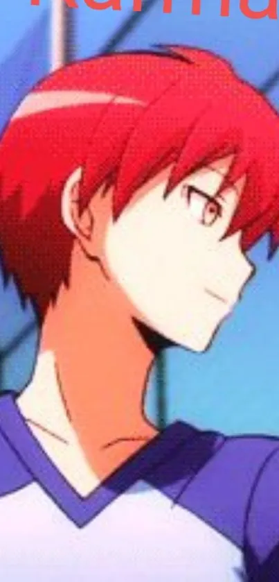 Red-haired anime character with blue background.