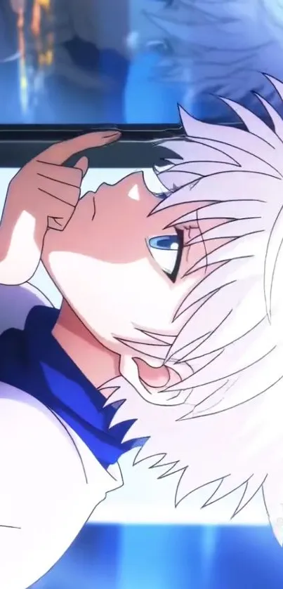 Anime character with white hair and blue tones in reflective pose.